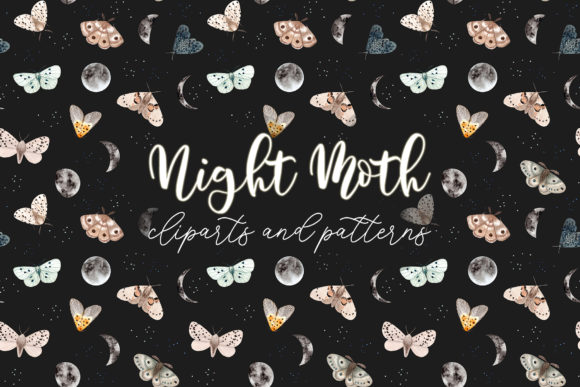 Night Moth. Watercolor Patterns, Clipart